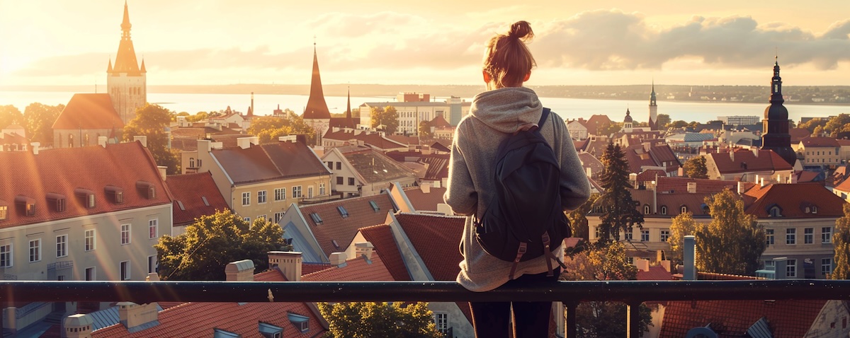 Estnisch lernen: Blick von der Toompea-Aussichtsplattform auf die Tallinner Altstadt mit roten Ziegeldächern und Kirchtürmen, im Vordergrund eine junge Reisende am Geländer