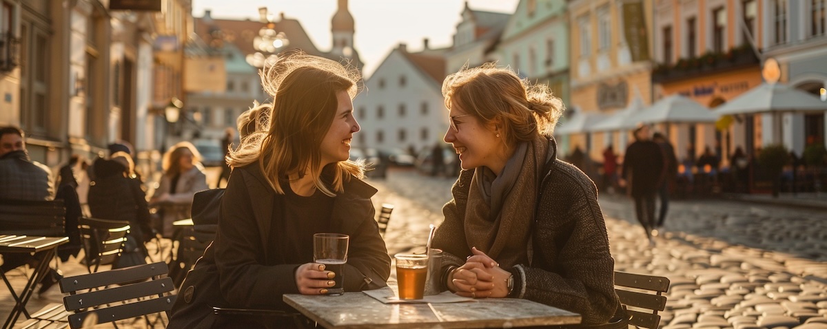 Zwei Menschen auf einer Café-Terrasse in der Tallinner Altstadt begrüßen sich freundlich, im Hintergrund das Alte Rathaus