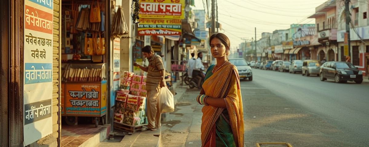 Tamil lernen – Straßenszene mit Schriftzeichen und Menschen in Chennai, Tamil Nadu