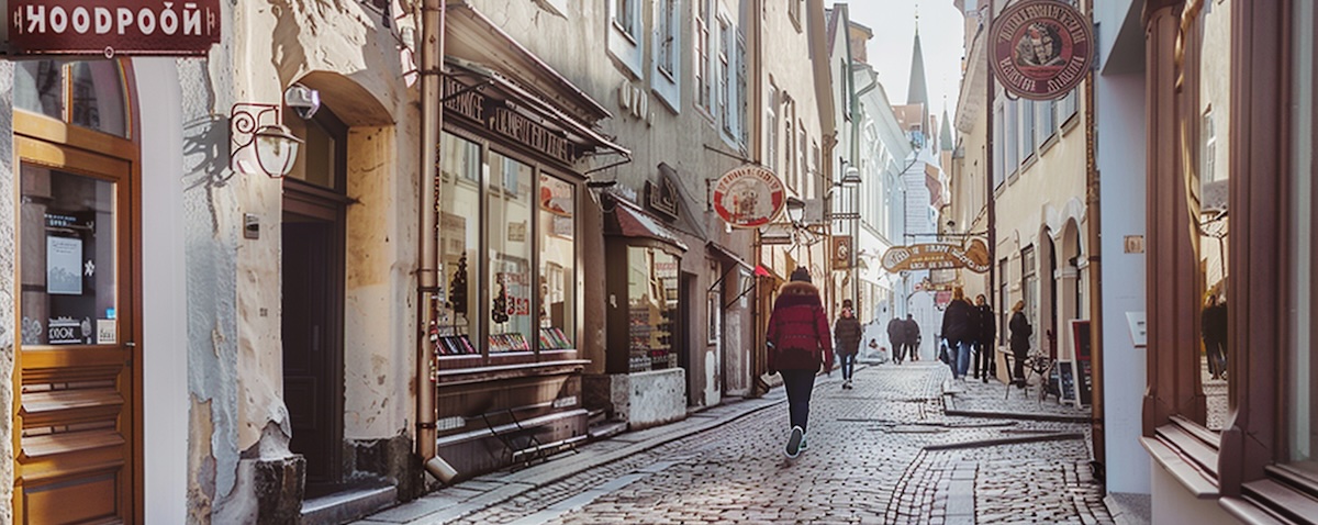 Straßenszene in der Tallinner Altstadt mit estnischen Ladenschildern (Kohvik, Pood) und Passanten, Symbolbild für die Sprache Estnisch im Alltag