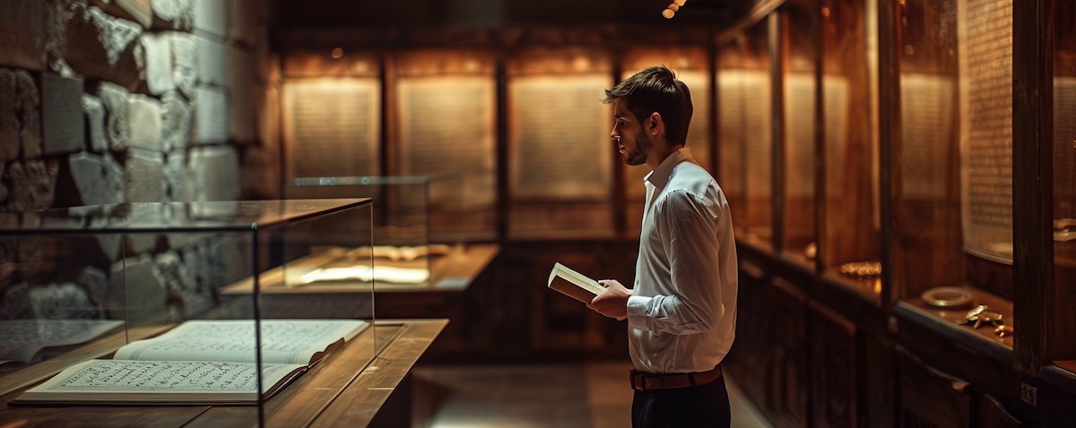 Historisches aserbaidschanisches Manuskript in arabischer Schrift in einer Museumsvitrine, im Vordergrund ein junger Mann als Betrachter