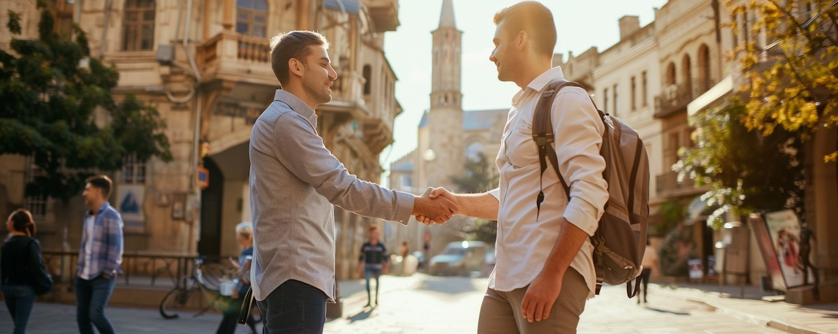 Deutscher Reisender und aserbaidschanischer Einheimischer begrüßen sich mit Handschlag in der Altstadt von Baku
