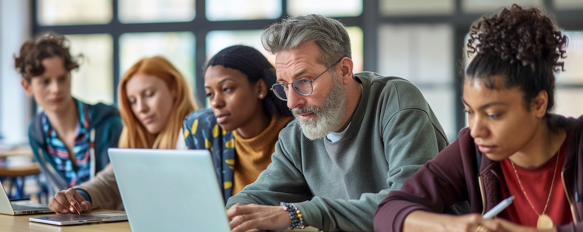 Diverse Gruppe Erwachsener in Deutschland lernt gemeinsam Deutsch als Zweitsprache am Laptop