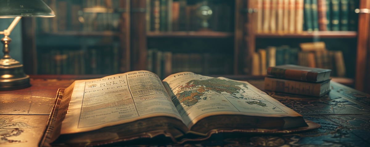 Altes deutsches Buch mit historischer Karte von Mitteleuropa als Symbol für die Geschichte der deutschen Sprache