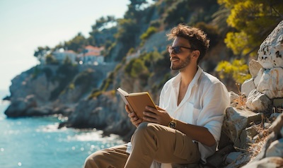 Zufriedener Sprachlerner mit Notizbuch vor griechischer Küstenlandschaft
