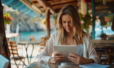 Frau lernt entspannt Griechisch mit Tablet in einem sonnigen Café