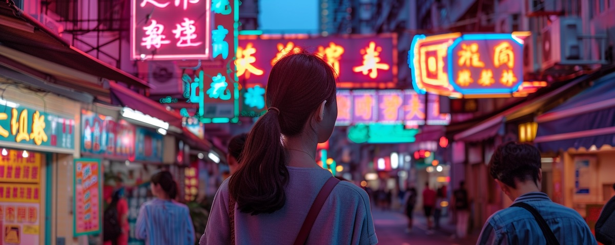 Hongkonger Straßenszene mit Neonschildern in kantonesischer Schrift und echten Passanten am Abend