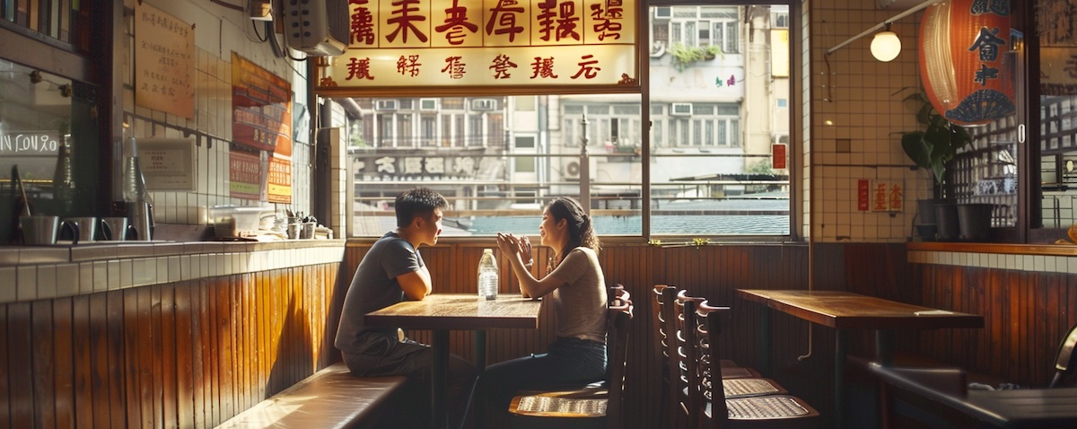 Zwei Freunde begrüßen sich in einem Cha Chaan Teng in Hongkong – kantonesische Floskeln im Alltag