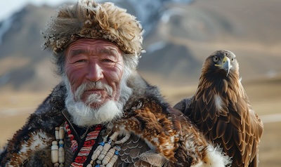Kasachischer Adlerjäger mit Steinadler in Bayan-Ölgii im Westen der Mongolei