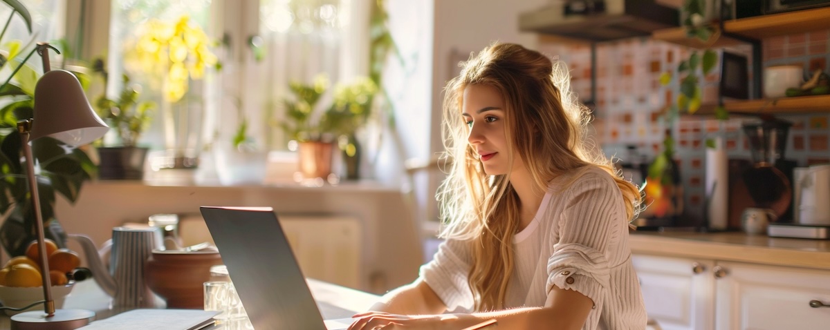 Junge Frau lernt entspannt zu Hause am Laptop Kirgisisch