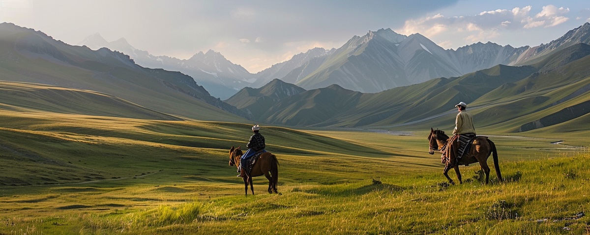 Kirgisische Berglandschaft im Tian-Shan mit traditioneller Jurte und Nomaden zu Pferd