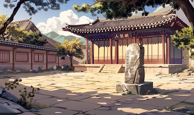 Koreanische Sprachentwicklung – traditioneller Palast mit Hangul-Steininschrift