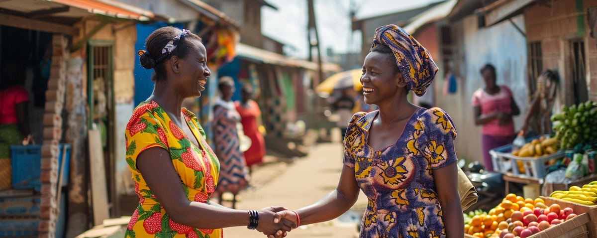 Zwei Frauen begrüßen sich auf einer Straße in Brazzaville mit Handschlag und Lächeln