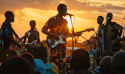 Kongolesische Rumba-Band auf einer Bühne in Brazzaville, gesungen wird auf Lingala