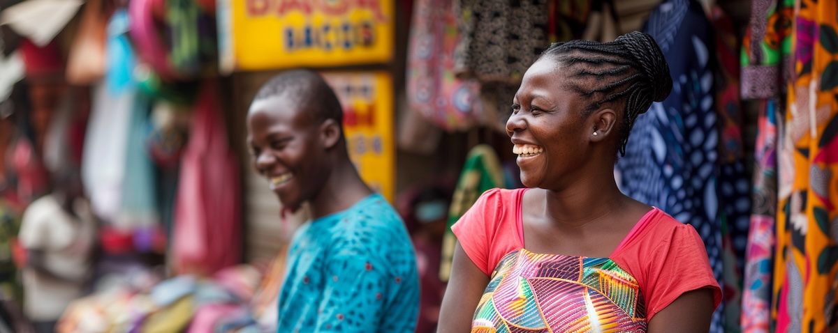 Straßenszene in Kinshasa, zwei Männer unterhalten sich auf Lingala vor bunten Marktständen