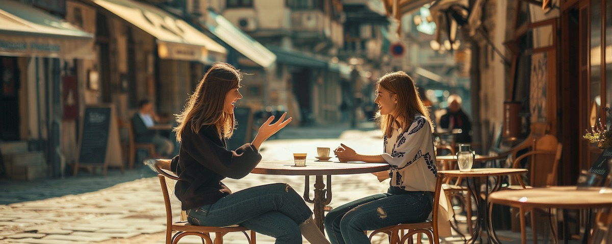 Zwei Frauen sitzen im Straßencafé in Skopje und unterhalten sich auf Mazedonisch – Alltagsfloskeln
