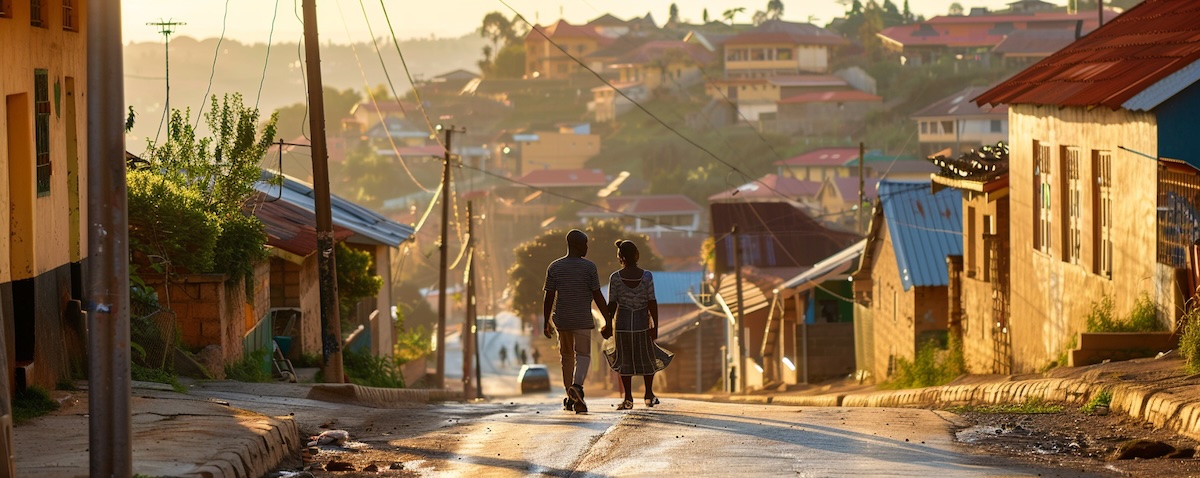 Zwei madagassische Menschen begrüßen sich auf einer Straße in Antananarivo als Sinnbild für madagassische Alltagsfloskeln