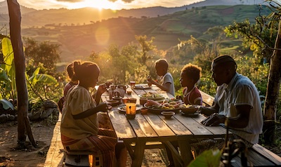 Madagassische Familie beim gemeinsamen Essen im Gespräch als Alltagsszene für madagassische Redewendungen