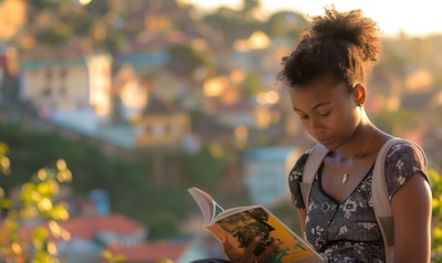 Junge madagassische Frau liest ein Buch auf Madagassisch in Antananarivo