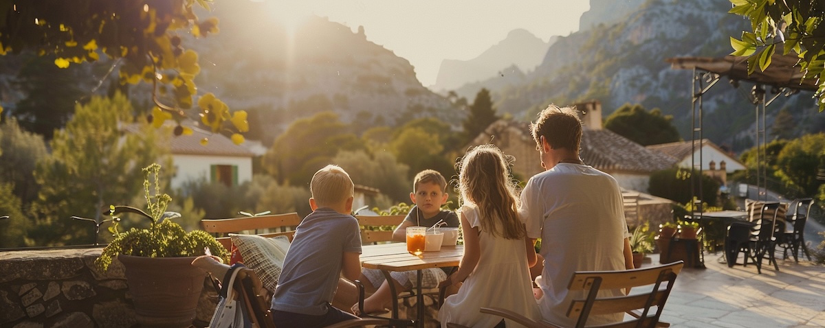 Mallorquinisch lernen, deutsche Familie an einem Café-Tisch in einem mallorquinischen Bergdorf mit Blick auf die Serra de Tramuntana