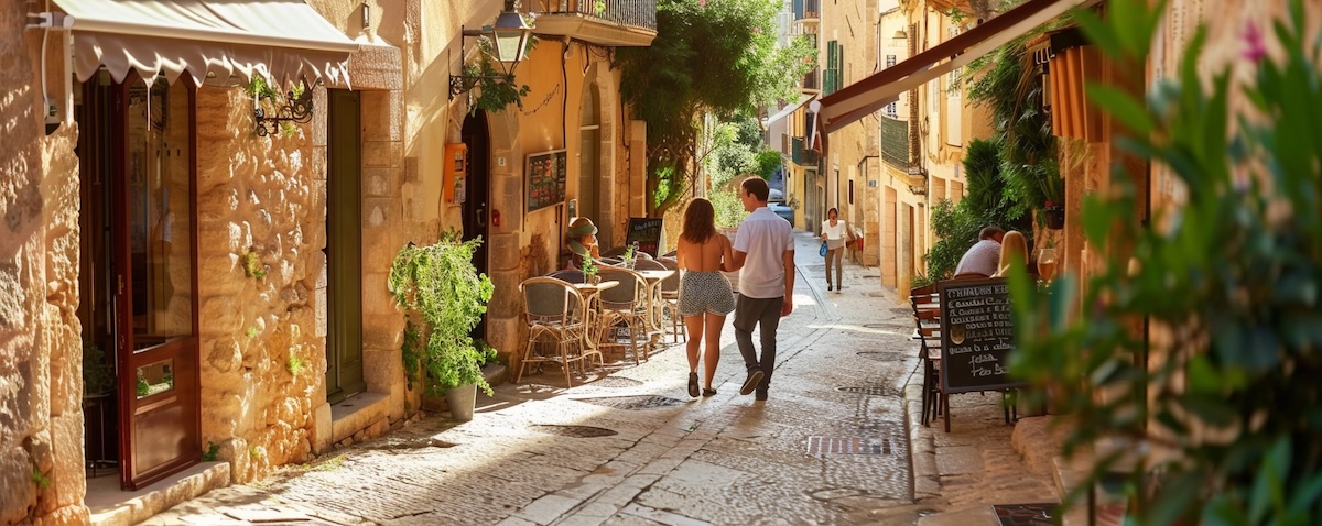 Mallorquinische Floskeln, freundliche Begrüßung mit zwei Wangenküssen in einer sonnigen Gasse in einem mallorquinischen Bergdorf