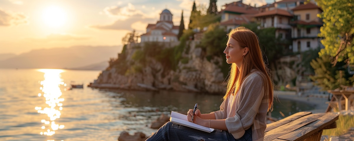 Frau mit Notizbuch am Ohrid-See, im Hintergrund die Altstadt – Mazedonisch lernen