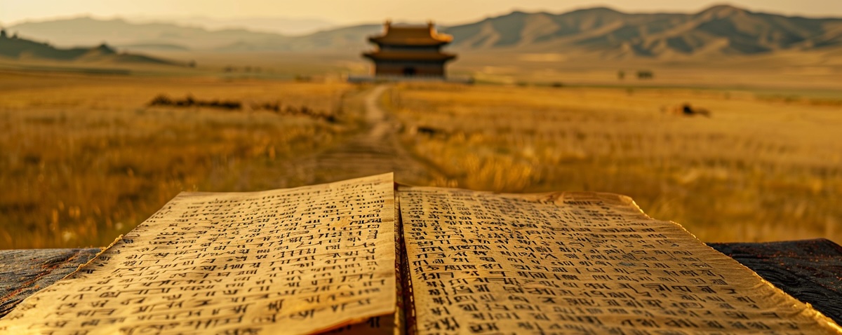 Altes Manuskript in traditioneller mongolischer Schrift vor Kloster in der Steppe