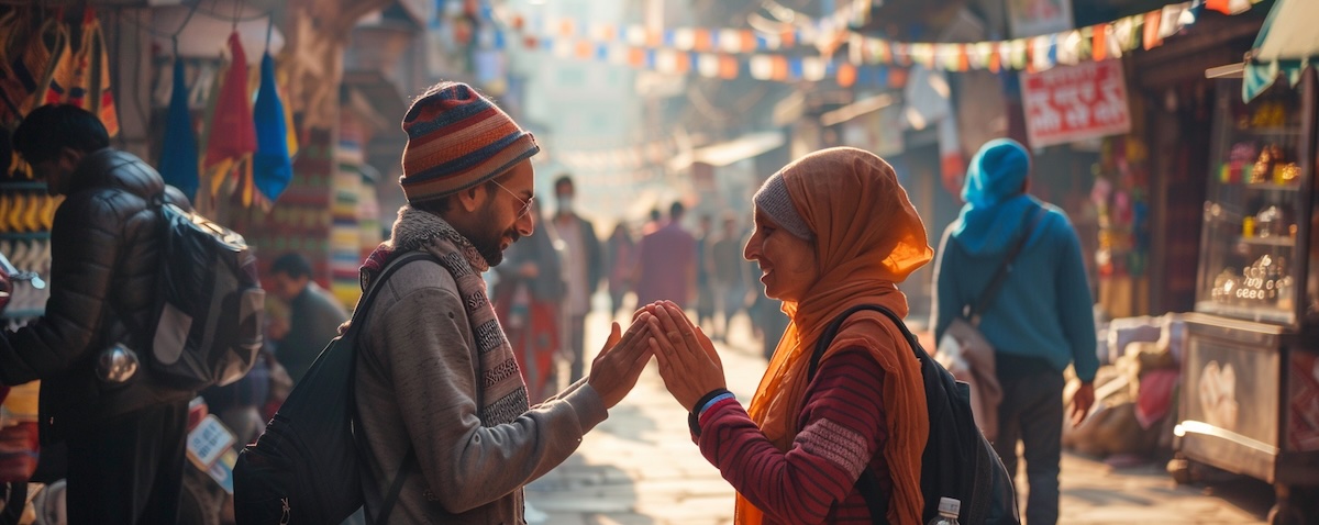 Zwei Menschen begrüßen sich mit Namaste-Geste auf einer Straße in Kathmandu