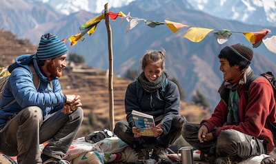 Wanderer lernt Nepali-Vokabeln mit nepalesischen Trägern bei einer Teepause auf dem Annapurna-Trek