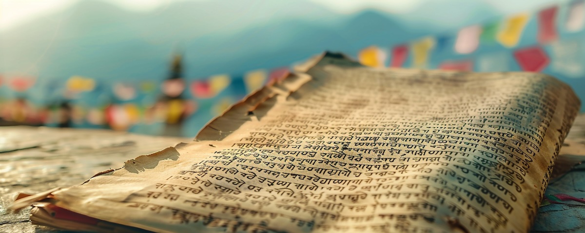 Alte Devanagari-Handschrift und Gebetsfahnen vor der Himalaya-Kulisse Nepals