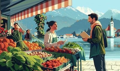 Slowenisch im Alltag, Gespräch an einem Marktstand in Slowenien