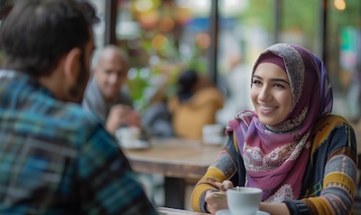 Zwei Menschen im Gespräch beim Syrisch-Arabisch lernen im Alltag