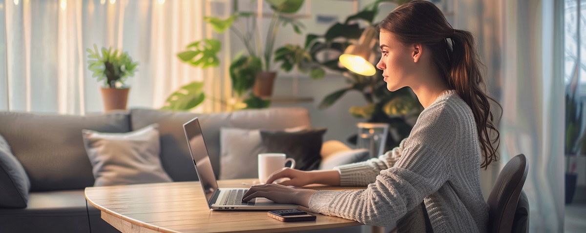 Frau lernt zu Hause am Laptop Urdu