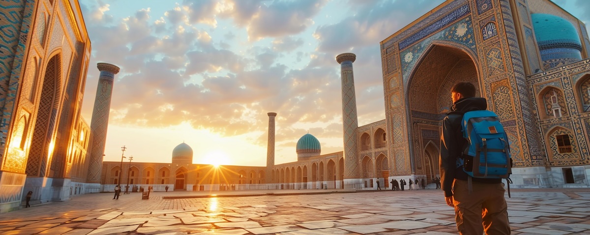 Registan-Platz in Samarkand mit Reisender, Herkunft der usbekischen Sprache
