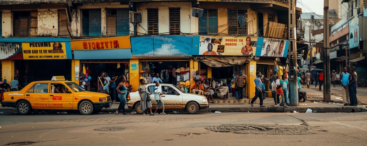 Straßenszene in Kinshasa mit französischen Ladenschildern und Menschen im Gespräch