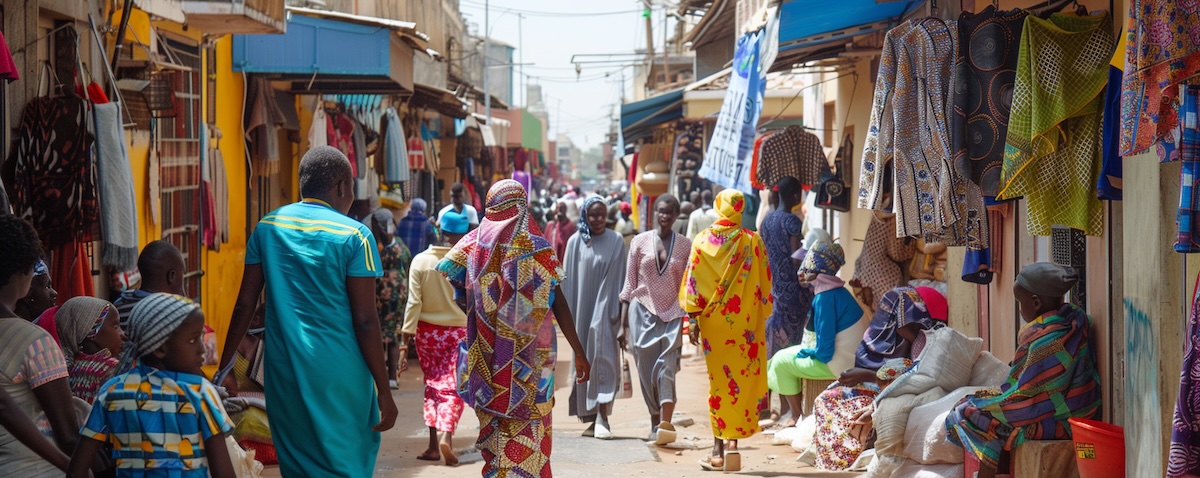 Straßenszene in Dakar, Senegal, Menschen unterhalten sich auf Wolof und Französisch