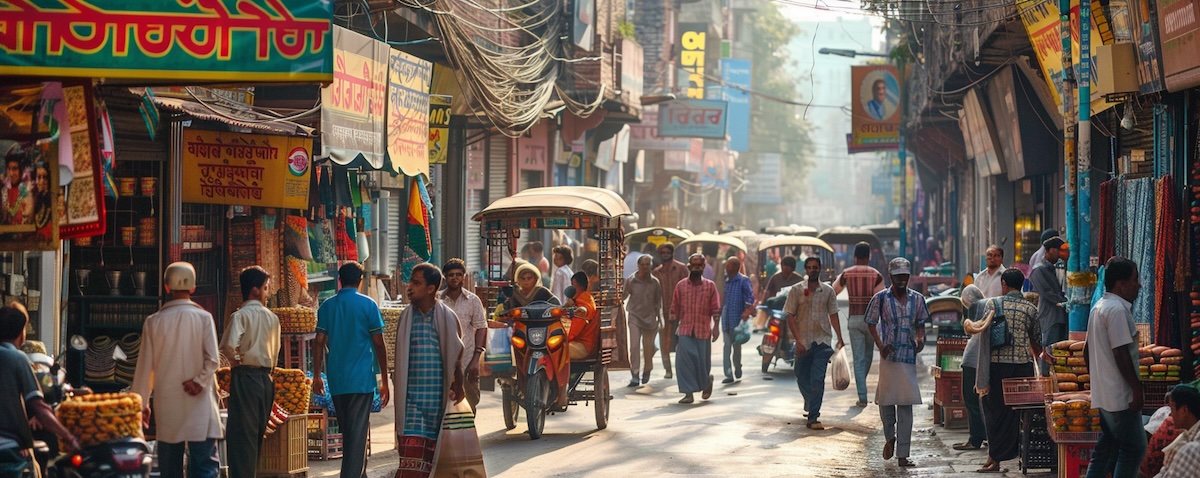 Bengalische Straßenszene in Dhaka mit Bangla-Beschilderung an Ladenfronten und Verkehrsschildern
