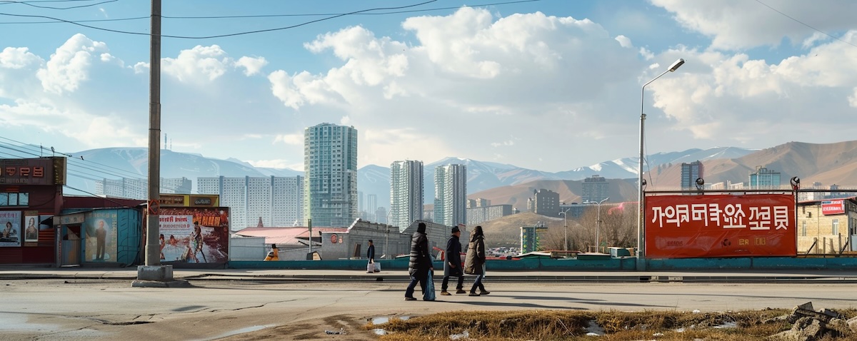 Straßenschilder in kyrillischer Schrift in Ulaanbaatar mit Passanten