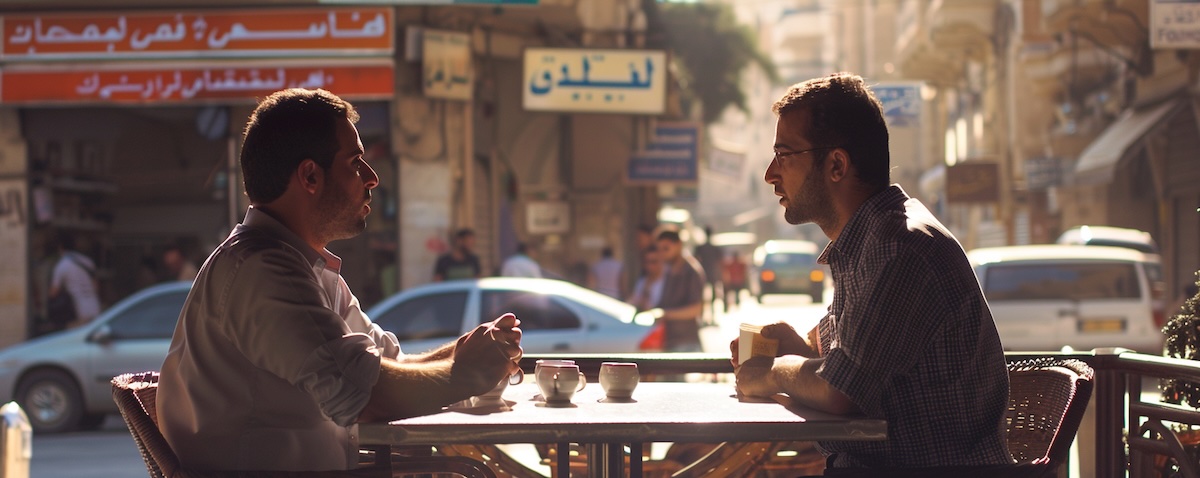 Straßencafé in Amman mit arabischen Ladenschildern und Menschen im Gespräch