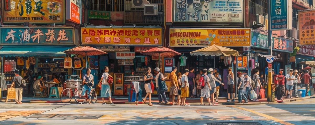 Multikulturelle Straßenkreuzung in Kuala Lumpur mit Ladenschildern in Malaiisch, Chinesisch und Tamil