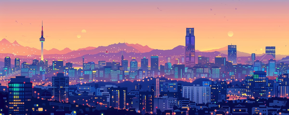 Welche Sprache spricht man in Südkorea – Seoul Skyline in der Abenddämmerung mit Hangul-Elementen
