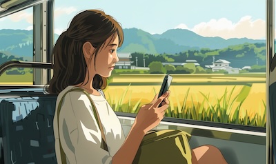 Frau lernt im Zug in Japan mit einer Sprach-App auf dem Smartphone