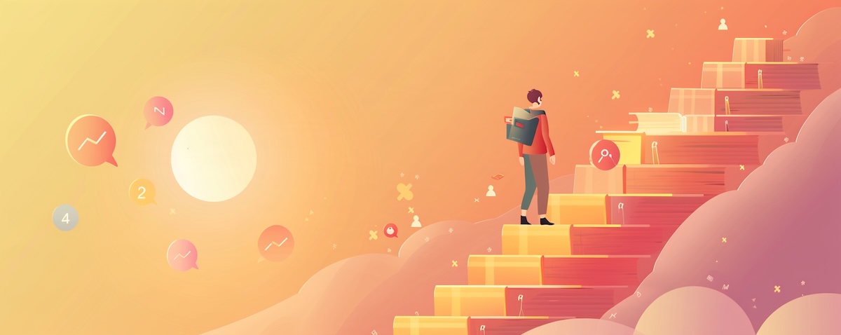 Illustration einer Person, die eine Bücher Treppe zum Sonnenaufgang erklimmt, Symbolbild für langfristige Motivation beim Sprachenlernen