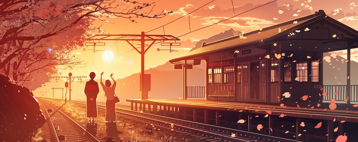 Zwei Freunde verabschieden sich winkend auf einem japanischen Bahnsteig