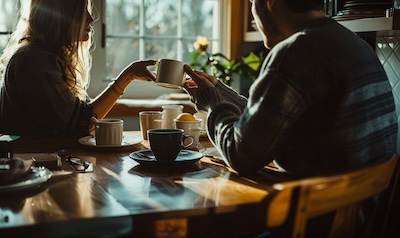 Zwei Menschen im Gespräch an einem Küchentisch, während eine Kaffeetasse übergeben wird