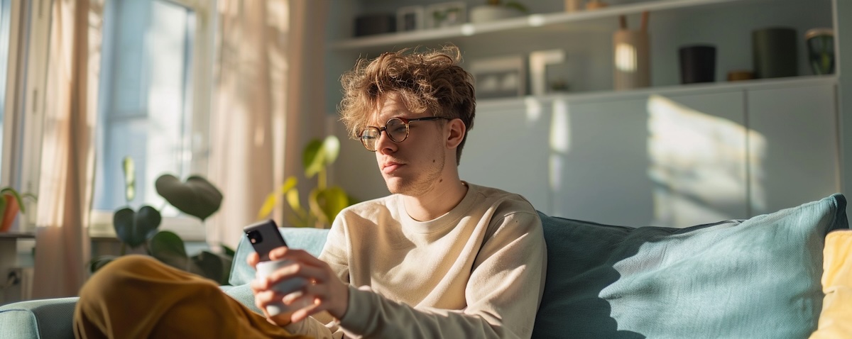 Person hält Smartphone und Kaffee in einem hellen Wohnzimmer, nachdenklicher Blick auf den Bildschirm