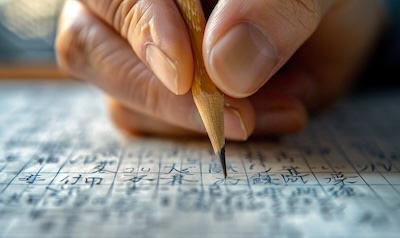Hand schreibt Hiragana-Zeichen in ein Übungsheft
