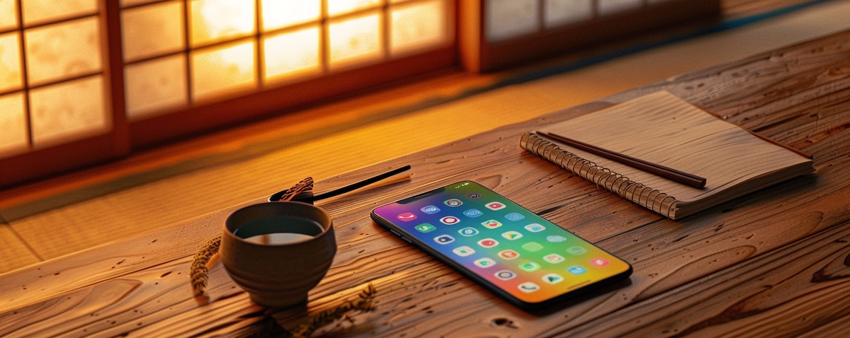 Smartphone mit Japanisch-Lern-App neben Notizbuch mit Kanji und grünem Tee