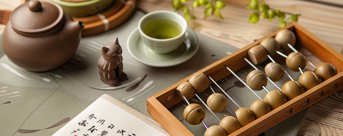 Japanische Zahlzeichen in Pinselschrift neben einem hölzernen Abakus