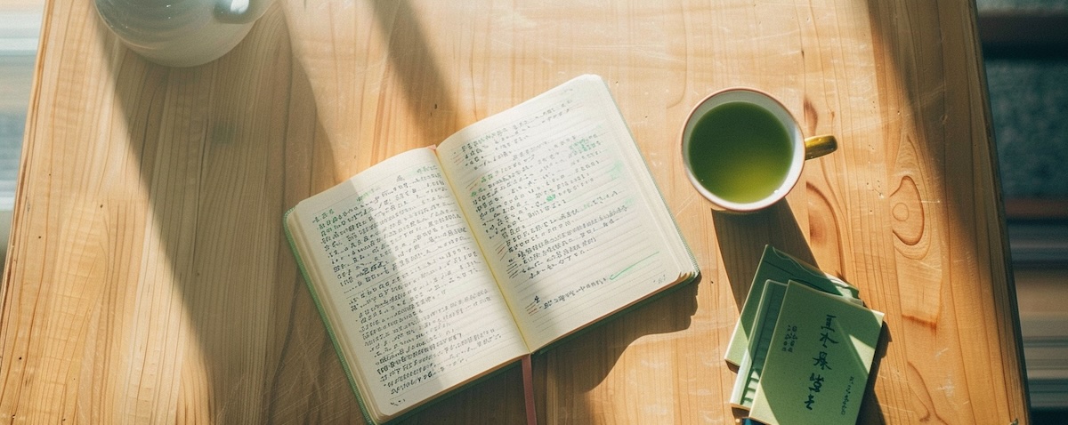 Notizbuch mit handgeschriebenen Hiragana-Zeichen, Pinselstift und Karteikarten